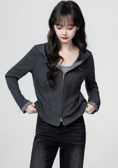 Dark Grey Hooded Plaid Patchwork Zip Up Cropped Top