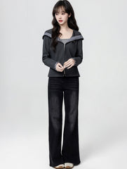 Dark Grey Hooded Plaid Patchwork Zip Up Cropped Top