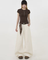 Deconstructed Wide Leg Jeans With Leopard Tie Detail