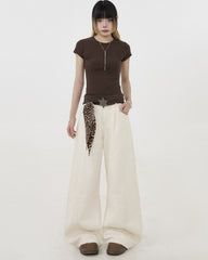 Deconstructed Wide Leg Jeans With Leopard Tie Detail