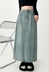 Denim Midi A Line Skirt With Front Slit