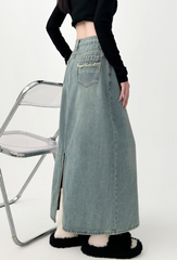 Denim Midi A Line Skirt With Front Slit