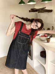 Denim Suspender Dress Casual Red T Shirt Set