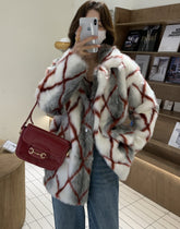 Dirty White Diamond Grid Faux Fur Coat