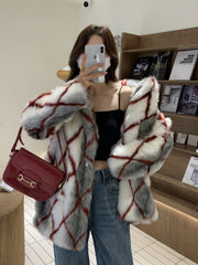 Dirty White Diamond Grid Faux Fur Coat