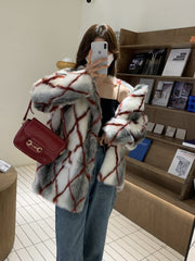 Dirty White Diamond Grid Faux Fur Coat