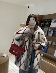 Dirty White Diamond Grid Faux Fur Coat