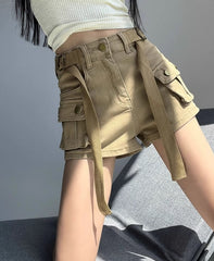 Brown Multi-Pocket Buckled Shorts