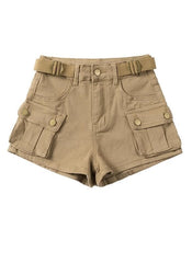 Brown Multi-Pocket Buckled Shorts