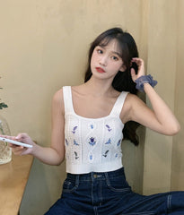 White Floral Embroidered Knitted Crop Top