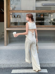 Elegant Backless Top And High Waist Wide Leg Set