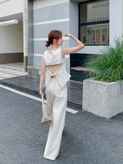 Elegant Backless Top And High Waist Wide Leg Set