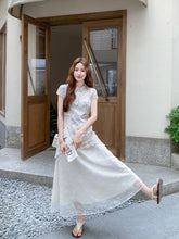 Elegant Blue Floral Lace Midi Cheongsam Dress