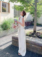 Elegant Cream Vest And Wide Leg Pants Set