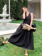 Elegant French Style V Neck Waist Maxi Dress