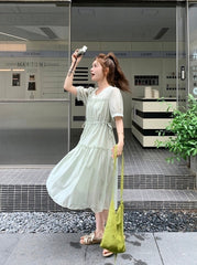 Elegant Green Casual French Style High Waist Dress