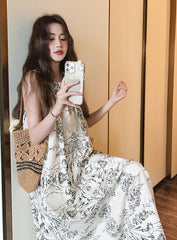 Elegant Ink Print Sleeveless Halter Dress