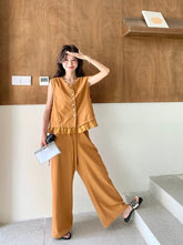 Elegant Lace Trim Vest And Wide Leg Pants Set