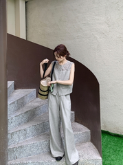 Elegant Lace Vest And Wide Leg Pants Set