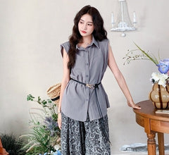 Elegant Loose Fit Sleeveless Shirt And Wide Leg Pants Set