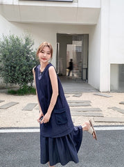 Elegant Navy Layered Casual Design Maxi Dress