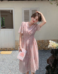 Elegant Pink Floral Print Casual Long Dress