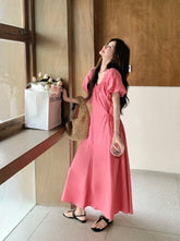Elegant Pink French Puff Sleeve Long Dress