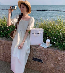 Elegant Puff Sleeve High Waist Long Dress