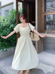 Elegant Puff Sleeve Waist Dress In Light Yellow