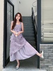 Elegant Purple Jacquard Layered Patchwork Maxi Dress