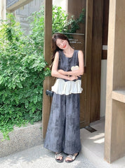 Elegant Vintage Ruffle Sleeveless Top Wide Leg Pants Set