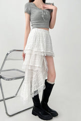 Elegant White Lace Layered Midi Skirt
