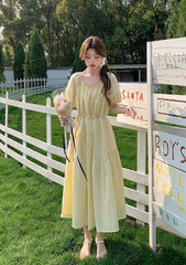 Elegant Yellow Puff Sleeve Maxi Dress