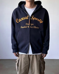 Embroidered Letter Patchwork Casual Hooded Sweatshirt Jacket