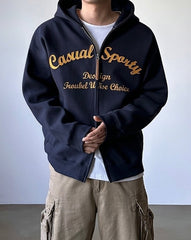 Embroidered Letter Patchwork Casual Hooded Sweatshirt Jacket