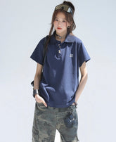 Embroidered Letter Polo Short Sleeve Chic Top
