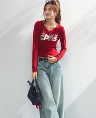Embroidered Letter V Neck Autumn Top
