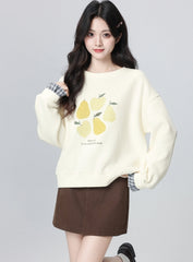Plaid Trim Sleeve Crewneck Lemon Pullover Sweatshirt