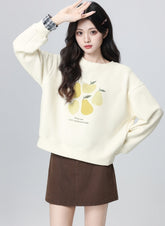 Plaid Trim Sleeve Crewneck Lemon Pullover Sweatshirt