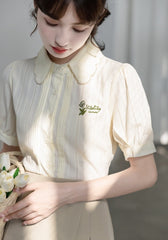 Embroidered Puff Sleeve Chiffon Blouse