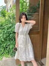 Embroidered Puff Sleeve V Neck A Line Dress