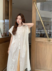 Embroidered Relaxed Fit Shirt Dress And Wide Leg Pants Set