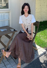 Embroidered White Vest T Shirt Long Skirt Set
