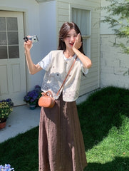 Embroidered White Vest T Shirt Long Skirt Set