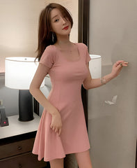 Pink Short Sleeve Flared Dress
