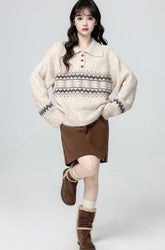 Fair Isle Polo Collar Knit Pullover Sweater