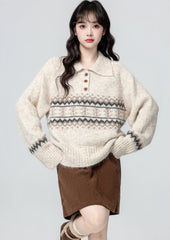 Fair Isle Polo Collar Knit Pullover Sweater