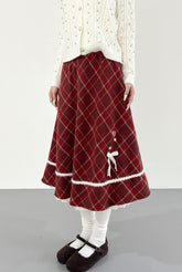Festive Red Plaid A Line Tiered Midi Skirt