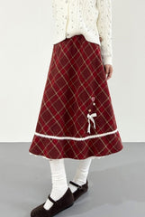 Festive Red Plaid A Line Tiered Midi Skirt