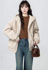 Fleece Lined Hooded Faux Leather Jacket